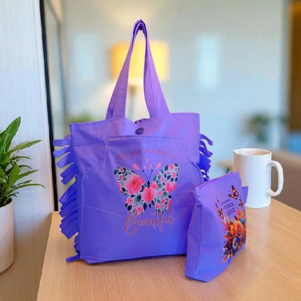 Vibrant Purple Tote Bag Set with Floral Design